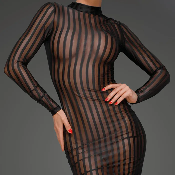 Noir Handmade Noir Handmade Sheer Pinstripe Tulle Mock Neck Dress Hosiery